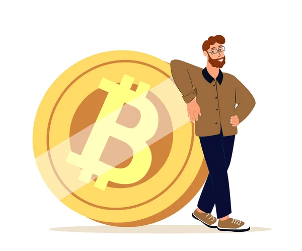 Young Confident Cryptobroker Trader Confiando Enorme Bitcoin Bitcoin Simbolizando Éxito — Vector de stock