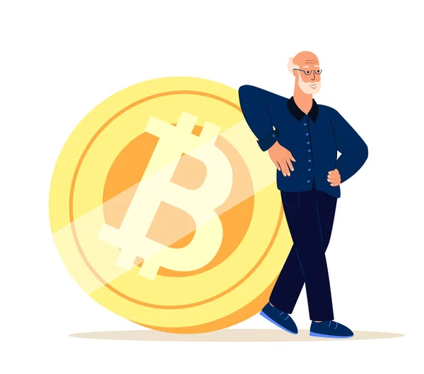 Vieil Homme Retraite Debout Appuyant Sur Énorme Signe Bitcoin Bitcoin — Image vectorielle