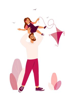 Baba ve kızı birlikte vakit geçiriyorlar. Mutlu baba çocuğuyla uçurtma uçuruyor. Mutlu ebeveyn. Aile sevgisi, sıcak ilişkiler, kız çocuk babasına güveniyor.