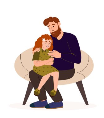 Baba ağlayan kızını destekliyor, özen gösteriyor. baba depresif, üzgün kızı teselli ediyor. empatik ebeveyn genç kızına zor durumda yardım ediyor. Düz vektör çizimi izole edilmiş, beyaz arka grup