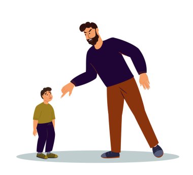 Kibirli ve zalim baba, Azarlayan Ağlayan Küçük Oğul 'u azarlıyor. Çocuk için Acımasız Ceza. Psikopat baba, Çocuk için psikolojik travma yaratıyor.