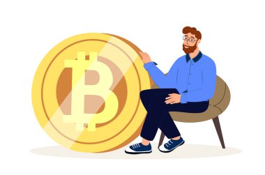Büyük Altın Bitcoin 'in yanında oturan Güvenilir Adam Kriptocu Tüccar, Bitcoin Sembolize Başarı, Finansal Başarı. Yerel Dijital Para Birimi, Finansal İşlemler Kontrol. Düz Vektör