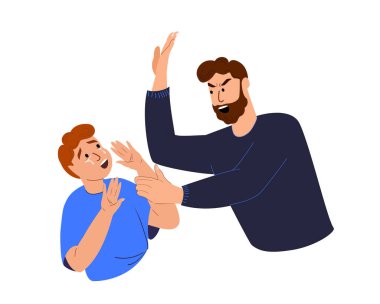Despotic and tyrannous Father beating his Little Crying Son.Cruel Punisment for Kid Boy.Psychopathic dad creating a psychological trauma for his Child.Agressive Man Shouting.Flat vector Illustration clipart
