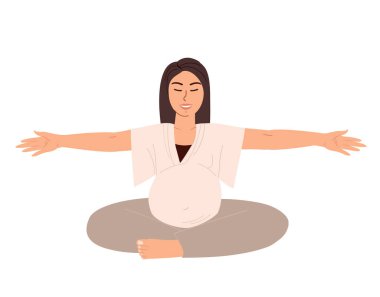 Genç Hamile Kadın Esneme, Yoga Uygulaması, Doğum İçin Hazırlık. Kadın Yatıştırma, Meditasyon, Alıştırma Asansörü. Pilates Antrenmanı, Düz İnsan Vektör İlülasyonu