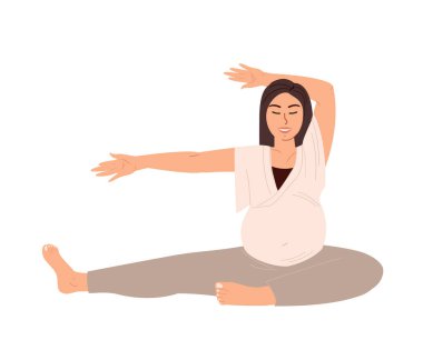 Genç Hamile Kadın Esneme, Yoga Uygulaması, Doğum İçin Hazırlık. Kadın Yatıştırma, Meditasyon, Alıştırma Asansörü. Pilates Antrenmanı, Düz İnsan Vektör İlülasyonu