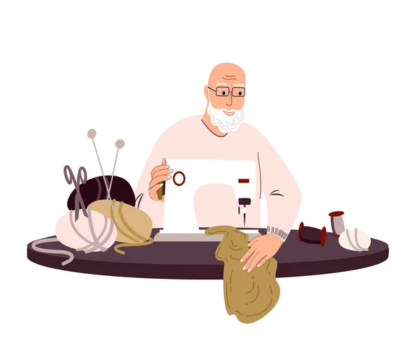 Tailor Seamstress Old Man Sewing Creating Clothes Sewing Machine Retired — Stock Vector