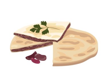 Geleneksel Gürcü yemeği, kırmızı fasulyeli Lobiani Pie. Fasulye dolu fırında ekmek. Beyaz arka planda izole edilmiş Düz Vektör İllüzyonu. Kafkas Kartuli yemeği, Sakartvelo mutfağı.