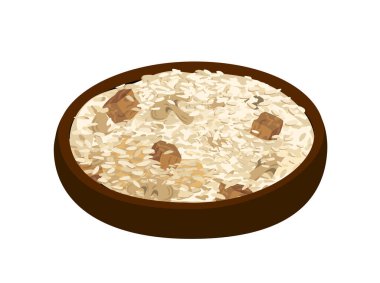 Shila plavi, pilav, pilava pilav. Pirinç, et, baharat ile geleneksel lezzetli geleneksel yemek. Ulusal Azerbaycan yemeği, Tacik mutfağı. Sakartvelo mutfağı. Restoran, Kafe Düz Vektör çizimi.