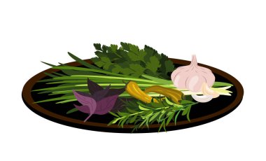 Taze yeşiller, sağlıklı yemek için şifalı otlar. Soğan, sarımsak, fesleğen, biber, maydanoz, koriander. Sebze tabağı izole edilmiş, beyaz arka plan. Vejetaryen yemekleri.