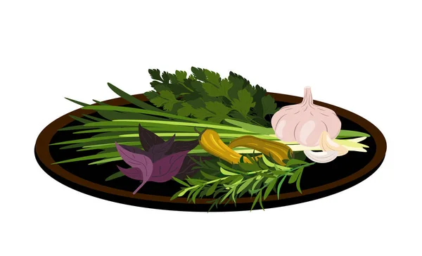 Verts Frais Herbes Pour Manger Sainement Oignon Ail Basilic Poivre — Image vectorielle