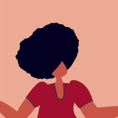 Gülümseyen siyah kadın, yüz avatarı. Güzel, güzel, seksi Afro-Amerikan kız, kafa portresi. Kabarık saçlı, mutlu bir kadın karakter. Düz vektör illüstrasyonu