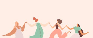 Banner, yazılı broşür, beyaz arka plan. Farklı Güzel, Saçlı, Cilt Renkli Güzel Kadınlar. Parti, Dans. Farklı ırklar, Milletler.