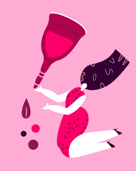 Mulher Segurando Enorme Enorme Menstruação Copo Reutilizável Pôster Composição Folheto — Vetor de Stock