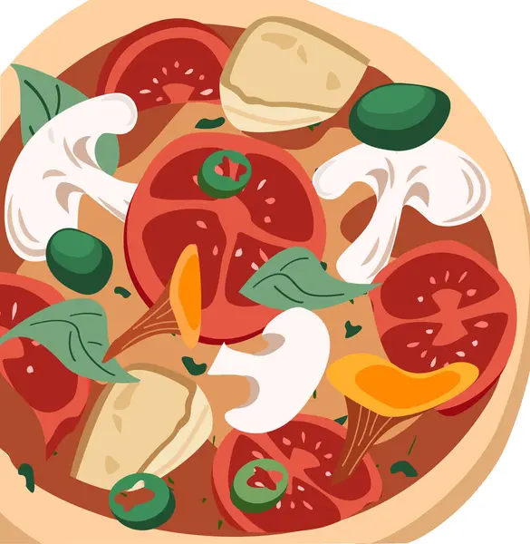 Whole Pizza Full Illustration Brie Cheese Chanterelles Mushrooms Champignons Tomatores Vector Graphics