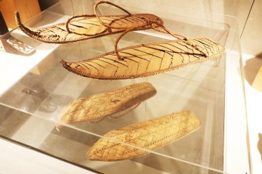 Barcelona, Spain - August 6, 2022: Pair of sandals from Egyptian Museum in Barcelona