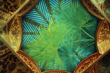 Barcelona, Spain - August 5, 2022: Painted ceiling of a balcony in Casa Vicens by Gaud, Barcelona, Spain