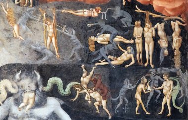 Padua, İtalya - 25 Kasım 2022: İblisler Scrovegni Şapeli 'nde Giotto' nun son kararı sırasında ruhları cezalandırıyorlar