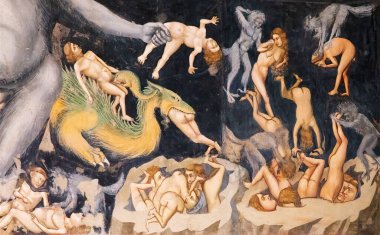 Padua, İtalya - 25 Kasım 2022: İblisler Scrovegni Şapeli 'nde Giotto' nun son kararı sırasında ruhlara işkence ediyor