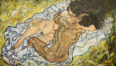 Viyana, Avusturya - 26 Nisan 2024: Leopold Müzesinde Egon Schiele 'in kucaklaması