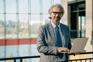 Havaalanında dizüstü bilgisayar kullanan mutlu iş adamının portresi