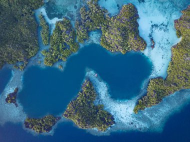 Raja Ampat 'ın deniz manzarasından yükselen dramatik kireçtaşı adalarını çevreleyen güzel mercan resifleri. Endonezya 'nın bu uzak bölgesi inanılmaz deniz biyolojik çeşitliliğiyle bilinir..