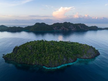 Gün doğumu, Raja Ampat 'ın güzel deniz manzarasından doğan dramatik kireçtaşı adalarını aydınlatır. Endonezya 'nın bu uzak bölgesi inanılmaz deniz biyolojik çeşitliliğiyle bilinir..