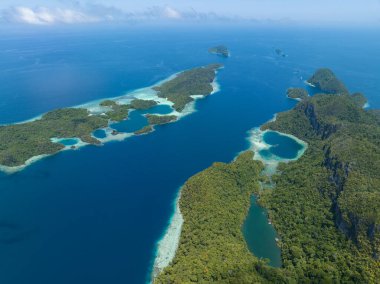 Raja Ampat 'ın deniz manzarasından yükselen dramatik kireçtaşı adalarını çevreleyen güzel mercan resifleri. Endonezya 'nın bu uzak bölgesi inanılmaz deniz biyolojik çeşitliliğiyle bilinir..
