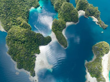Misool, Raja Ampat, Endonezya 'daki etkileyici deniz manzarasından kireçtaşı adaları yükselir. Bu manzaralı adaların mercan resifleri ve çevreleyen denizler olağanüstü deniz biyolojik çeşitliliğini destekler..