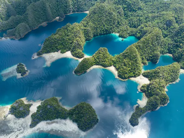 Misool, Raja Ampat, Endonezya 'daki etkileyici deniz manzarasından kireçtaşı adaları yükselir. Bu manzaralı adaların mercan resifleri ve çevreleyen denizler olağanüstü deniz biyolojik çeşitliliğini destekler..