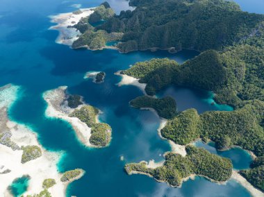 Misool, Raja Ampat, Endonezya 'daki etkileyici deniz manzarasından kireçtaşı adaları yükselir. Bu manzaralı adaların mercan resifleri ve çevreleyen denizler olağanüstü deniz biyolojik çeşitliliğini destekler..