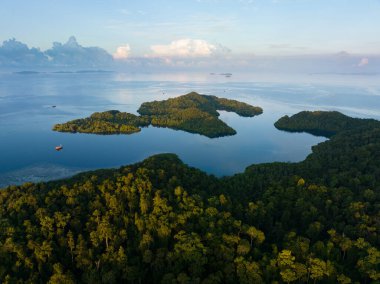 Gündoğumu, Endonezya 'nın Raja Ampat kentindeki Gam ve Yangeffo adalarının etrafındaki sakin denizleri aydınlatır. Bu tropikal bölge çoğunlukla zarif mercan resifleri ve genel deniz biyolojik çeşitliliği ile bilinir..
