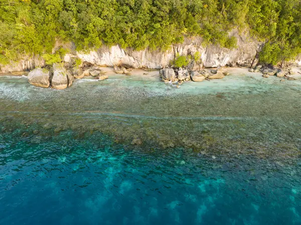 Yukarıdan bakıldığında, bir mercan resifi Endonezya 'nın Raja Ampat kentindeki bir kireçtaşı adasını kırar. Bu bölge gezegendeki en büyük deniz biyolojik çeşitliliğini destekler ve dalgıçlar arasında popülerdir..