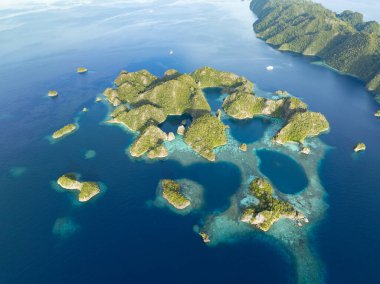 Raja Ampat 'ın tropikal deniz manzarasından güzel kireçtaşı adalar yükselir. Endonezya 'nın bu bölgesi, orada bulunan olağanüstü deniz biyolojik çeşitliliği nedeniyle Mercan Üçgeni' nin kalbi olarak bilinir..