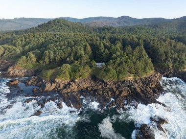 Pasifik Okyanusu dalgaları Oregon 'un engebeli kıyı şeridine çarpıyor. Lincoln City' nin güneyine yakın. Pasifik 'in kuzeybatı sahilinin bu bölümü inanılmaz derecede manzaralı ve 101. Otoyol' dan ulaşılabilir..