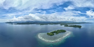 A beautiful island is surrounded by healthy coral reef off the coast of North Sulawesi, Indonesia. This area harbors high marine biodiversity and is a popular diving and snorkeling destination.