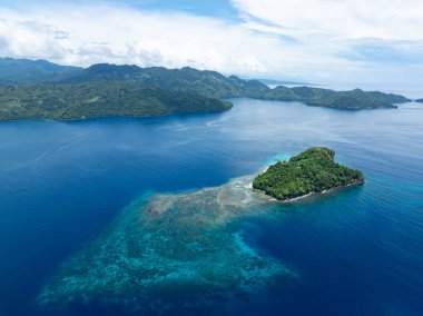 A beautiful island is surrounded by healthy coral reef off the coast of North Sulawesi, Indonesia. This area harbors high marine biodiversity and is a popular diving and snorkeling destination.