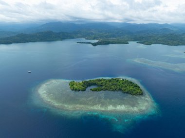 A beautiful island is surrounded by healthy coral reef off the coast of North Sulawesi, Indonesia. This area harbors high marine biodiversity and is a popular diving and snorkeling destination.