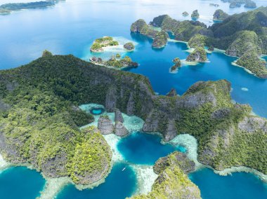 Engebeli kireçtaşı adaları Misool 'un sıcak denizlerinden yükseliyor, Raja Ampat. Bu tropikal bölge, olağanüstü deniz biyolojik çeşitliliği nedeniyle dalgıçlar ve şnorkelliler için popüler bir yerdir..