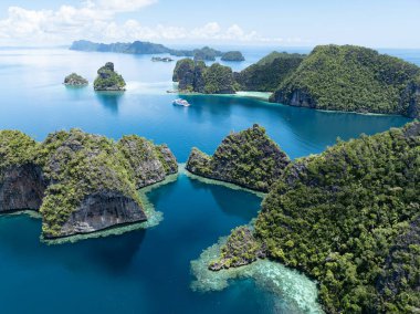 Engebeli kireçtaşı adaları Misool 'un sıcak denizlerinden yükseliyor, Raja Ampat. Bu tropikal bölge, olağanüstü deniz biyolojik çeşitliliği nedeniyle dalgıçlar ve şnorkelliler için popüler bir yerdir..