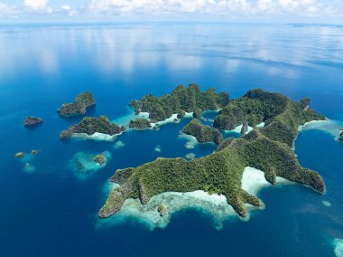 Engebeli kireçtaşı adaları Misool 'un sıcak denizlerinden yükseliyor, Raja Ampat. Bu tropikal bölge, olağanüstü deniz biyolojik çeşitliliği nedeniyle dalgıçlar ve şnorkelliler için popüler bir yerdir..
