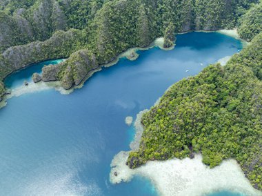 Engebeli kireçtaşı adaları Misool 'un sıcak denizlerinden yükseliyor, Raja Ampat. Bu tropikal bölge, olağanüstü deniz biyolojik çeşitliliği nedeniyle dalgıçlar ve şnorkelliler için popüler bir yerdir..