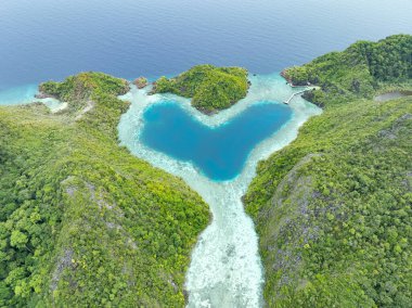 Misool, Raja Ampat yakınlarındaki Karawapop adasında kalp şeklinde manzaralı bir göl bulunur. Bu tropikal bölge olağanüstü deniz biyolojik çeşitliliğiyle bilinir..