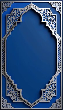 Elegant Islamic-themed design with royal blue background and silver Arabic accents. clipart