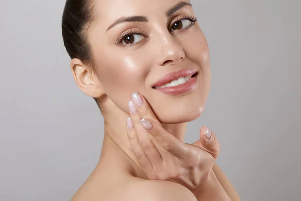 Skin Care Woman Beauty Face Touching Healthy Facial Skin Portrait — Stock Photo, Image