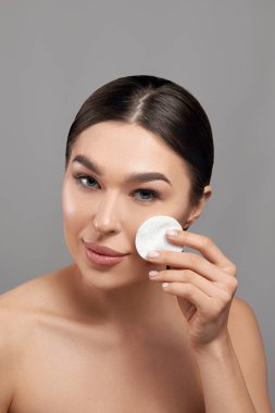  Beautiful Girl Removing Makeup White Cosmetic Cotton Pad. Happy Smiling Female Taking Off Makeup 