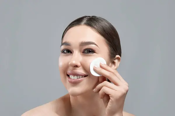 Woman Cleaning Face White Pad Beautiful Girl Removing Makeup White Royalty Free Stock Images