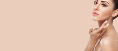Skin care. Beauty Concept.  Soft skin and naked shoulders, model with light nude make-up, portrait of girl face. Panorama, baner With Copy Space