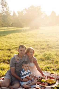 Güneşli bir tarlada battaniyenin üzerinde oturan üç kişilik bir aile. Etrafı yiyeceklerle çevrili. Sıcak akşam ışığında pikniğin tadını çıkarıyorlar..