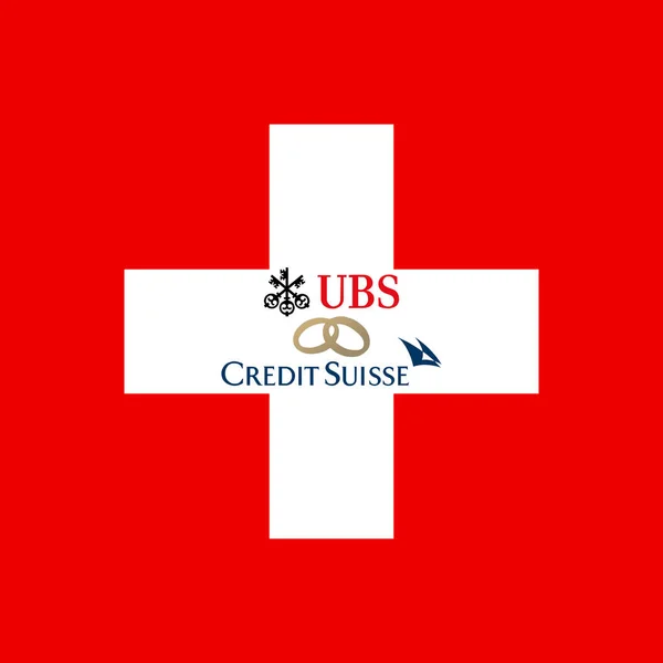 Fusione Tra Banche Svizzere Ubs Credit Suisse Contro Bandiera Svizzera — Vettoriale Stock