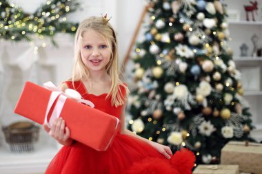 Noel Ağacının Önünde Bir Hediye Tutan Kız. Kırmızı bir elbise giymiş genç bir kız güzel dekore edilmiş bir Noel ağacının önünde bir hediye tutuyor.